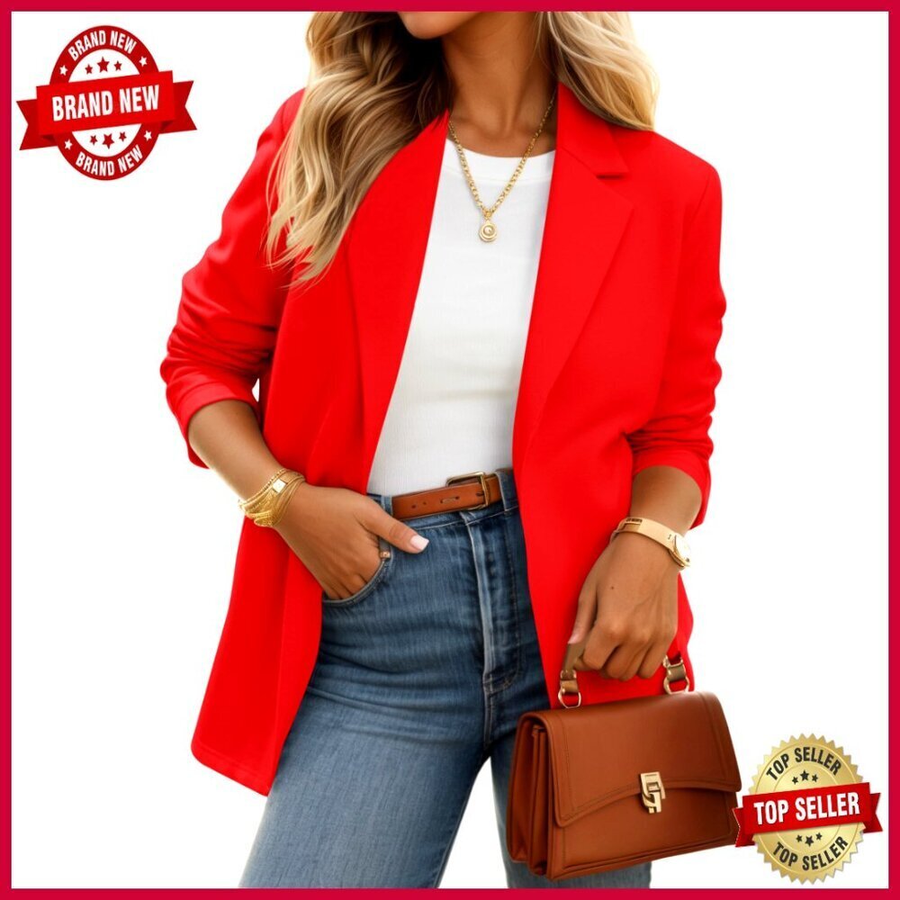 Stretchy Knit Blazer Long Sleeve Open Front Work Office Jacket with Pockets